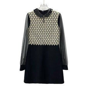 Gucci Black Lace Floral Patchwork Wool Dress With Sheer Sleeves & Patent Collar